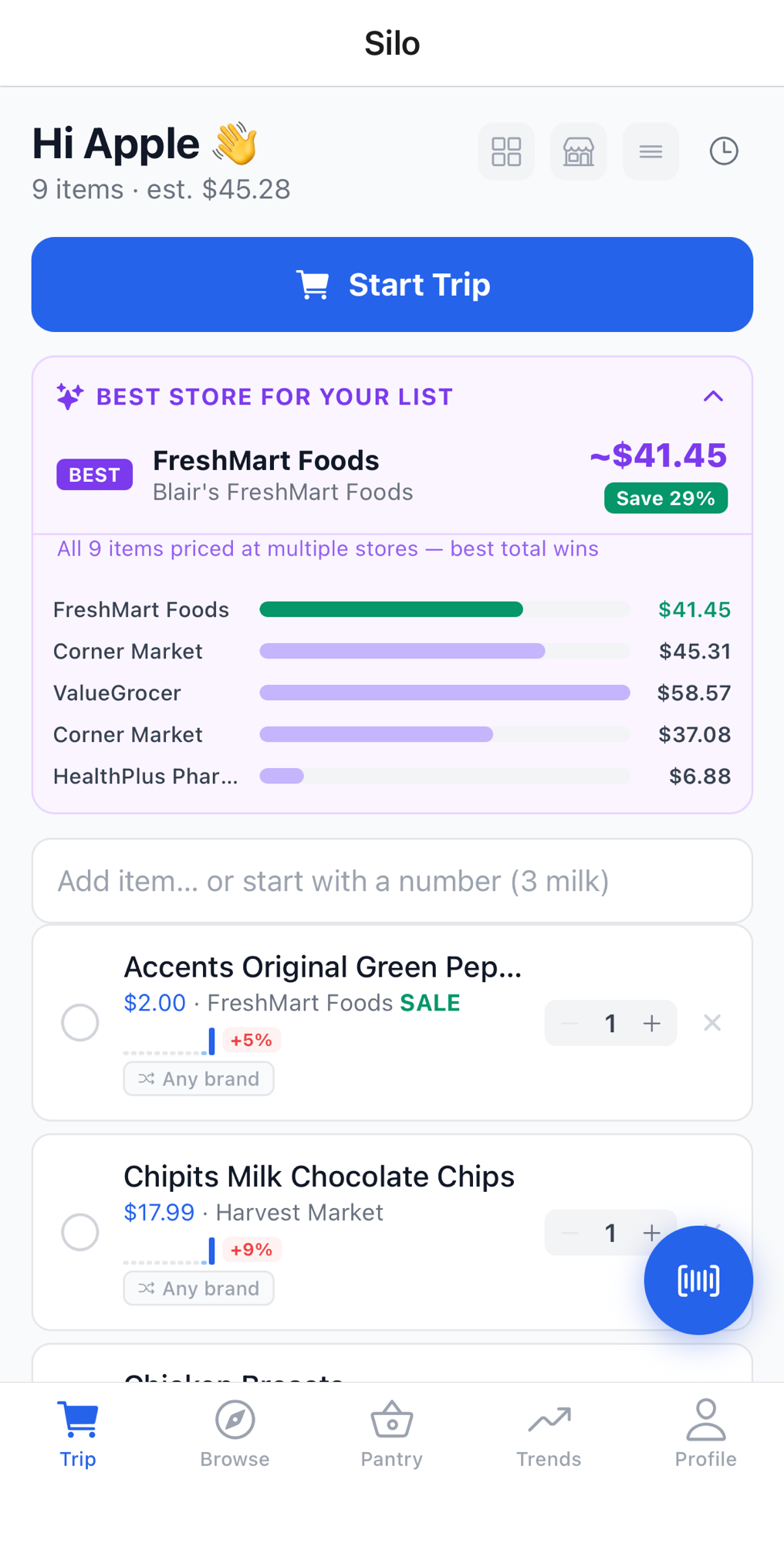 Silo app showing Best Store for Your List with price comparison bars